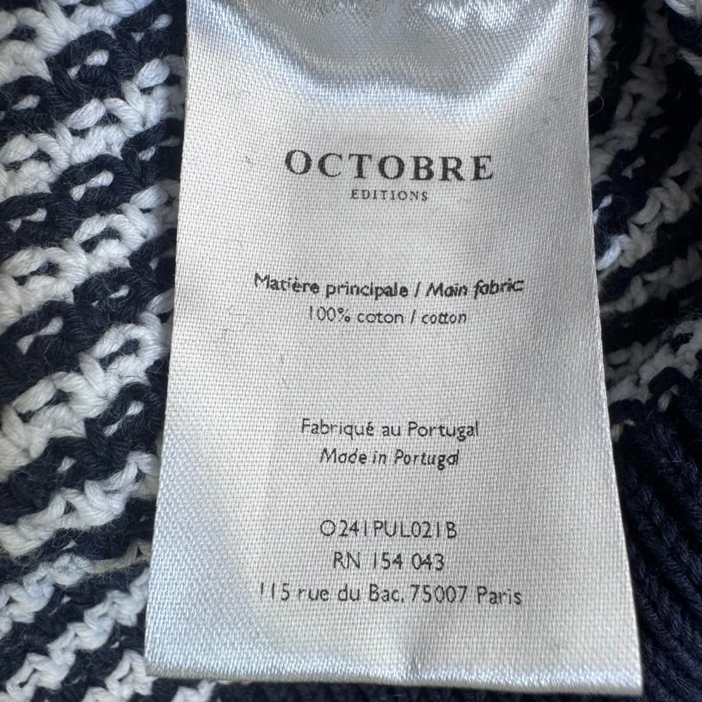Octobre Editions Mens Navy Striped Cotton Waffle Knit Sweater Large O241PUL021B